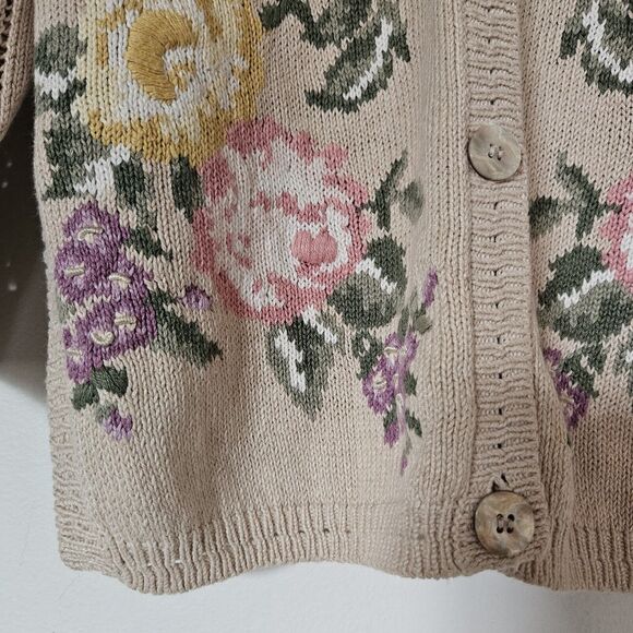 Vtg Jantzen Floral Cardigan Womens L Beige Embroidered Pointelle Cottagecore Gma - Picture 5 of 11